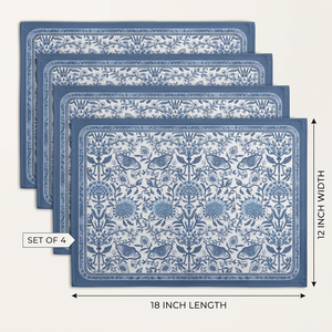 Ensemble de 4 sets de table bleus à motifs floraux, 12x18 pouces |   Sets de table en coton imprimé chinoiserie |   Table à manger vintage bohème - Product Image 4