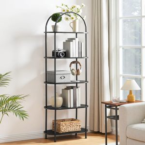 HOOBRO 5-Tier <b>Open</b> Industrial Arched Wooden <b>Bookshelf</b> Metal Frame Multifunctional Non-Folding Tall Storage Rack for Living Room - Product Image 3