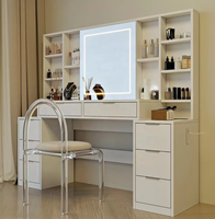 Coiffeuse en chêne sur mesure, robuste, avec miroir et éclairage, 8 tiroirs, étagères ouvertes et LED réglables pour chambre à coucher