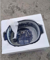 Set 2 Pot Tanaman Keramik Biru dan Putih Gaya Eropa dengan Pola Lanskap, Pot Oval dengan Pegangan Samping, cocok untuk foot bath