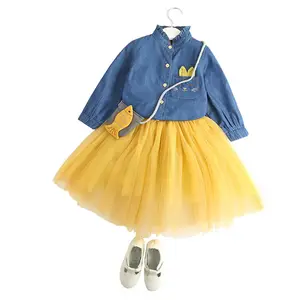 DRS66 Baby Mädchen Kleid 3-8T Casual New Spring Langarm Jeans hemd Tops Bluse Mesh Design Cartoon Tasche Anzüge Kostüm Set