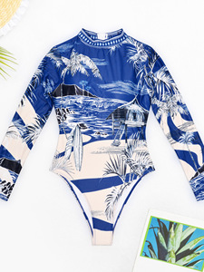 2024 nuevo traje de baño de manga larga de una pieza con estampado Floral para mujer ropa de playa Sexy de talla grande secado rápido transpirable acolchado de alta calidad - Product Image 2