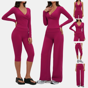 Ensemble 4 pièces pour femmes, haut sans manches à <span class=keywords><strong>col</strong></span> en <span class=keywords><strong>V</strong></span> superposé, haut à manches longues, leggings capri, pantalon large, yoga, entraînement, fitness - Product Image 2