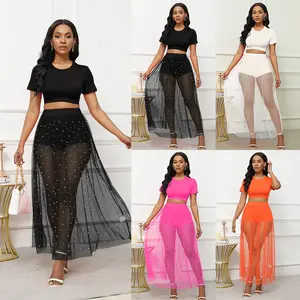 2024 Trendy Beach Skirt Set Nail Bead Transparent Mesh Skirt And Short Sleeved Waist Crop Top T-Shirt Three Piece Set