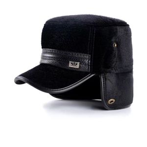 Winter Faux Fur <b>Flat</b> <b>Cap</b> For <b>Men</b> Black With Ear Flaps And Fleece Lining Warm Hat For Seniors And Dads - Product Image 2