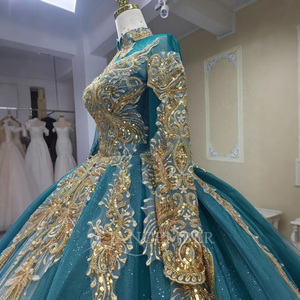 Jancember ANY52 Muslim High Neck Green <b>Lace</b> Sequins Embroidery Evening Puffy Gowns - Product Image 4