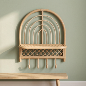 Rattan Wall <b>Shelf</b> With <b>Hooks</b> And Woven Seat Tropical Style Entryway Storage Rack - Product Image 3