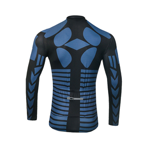 Men Long Sleeve Blue Geometric Pattern Black <b>Cycling</b> Jersey Set with Black Padded Bib Shorts <b>Stand</b> Collar Full Zip for Team Club - Product Image 3