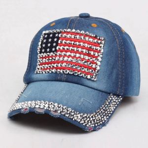 Wholesale Original Unstructured Wash Made <b>Old</b> Denim Bling Vintage American Flag Rhinestone <b>Baseball</b> Cap - Product Image 5
