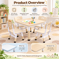 Ensemble table et chaise pour enfants avec surface d'écriture et de dessin, pour l'apprentissage à domicile, avec hauteur réglable et table carrée facile à nettoyer