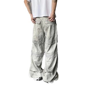 Pantalones Cargo de Alta Calidad al por Mayor, Estilo Urbano, 100% Algodón, Lavado Desgastado, Pierna Ancha, para Hombre - Product Image 4