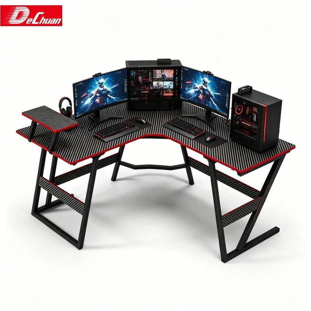 Custom L Shape Gaming Desk Fixed Height Steel Frame Carbon Fiber Top with Storage Shelf