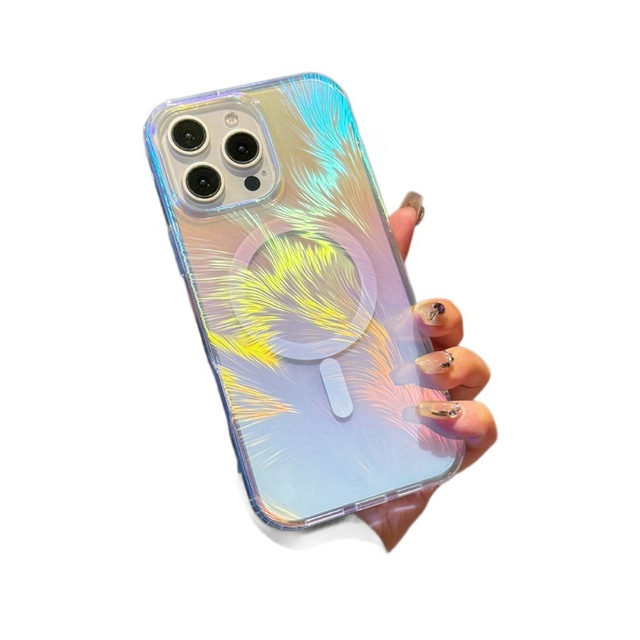 Gradient Color Feather Magnetic Phone Case for IPhone17 Air 17 16 Pro Max 16e 15 14 Plus 13 12 11 Transparent Back Cover