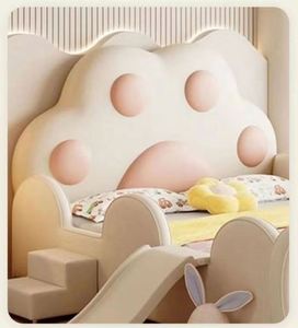 Girls Cute Cat Paw Princess Daybed <b>with</b> <b>Slide</b> Guardrail Cotton Upholstery Wooden Full Comfortable Modern Minimalist Bedroom Kids - Product Image 6