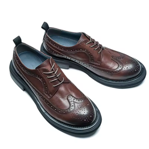 Custom logo Cow Leather Low Cut <b>Block</b> Pattern Brogue Shoe Dress Shoes Derby Shoes for Men - Product Image 1