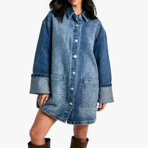 เดรสยีนส์ทรงโอเวอร์ไซส์ติดกระดุมหน้า แขนยาว ปลายแขนพับได้ สไตล์วินเทจ สีน้ำเงินลำลอง ขายดี - Product Image 1