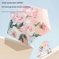 6 plis Nouveau Plat Illustration Style Peinture À L'huile Parasol Rose Pivoine Série Vinyle pour Carte Parapluie Anti-UV Voyage Souvenir Noir