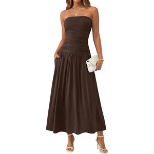 Vestido largo sin tirantes para mujer, vestido largo fruncido con corte en A, elegante, para invitadas de boda, vestido largo de verano, traje de playa para primavera - Product Image 1