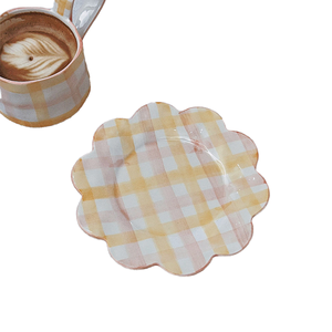 Atacado Bonito Mão Desenhada Xadrez Coração Caneca De Cerâmica Grande Orelha Irregular Copos De Café Criativos Placas De Sobremesa Design Minimalista - Product Image 4