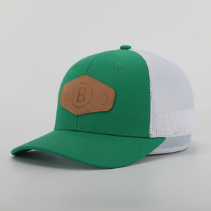 BSCI-Gorra de camionero personalizada de alta calidad para hombre, parche de cuero de sarga verde de 6 paneles, Logo de malla, 112