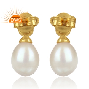 Fresh Water Pearl CZ Stud Earrings Indian Gemstone Jewelry Wholesale 14k gold plated 925 Silver Earrings - Product Image 3