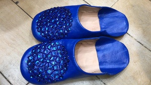 Blue Genuine <b>Leather</b> Breathable Rhinestone Geometry Pattern Cushioned Indoor Spring Autumn All <b>Women's</b> Slides Plush Lining - Product Image 4