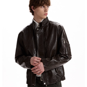 YACHEN 高品质男女通用复古奢华时尚短立领街头风格棕色 PU 皮革涂层冬季飞行员夹克 - Product Image 4