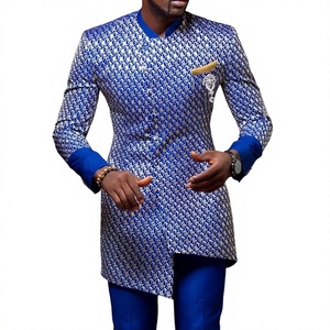 Ensemble chemise et pantalon Dashiki pour homme, imprimé africain, motif géométrique bleu, manches longues, col montant, vêtements traditionnels - Product Image 1