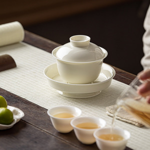 Apricot White Porcelain Gaiwan <b>Teacup</b> Handmade Three Piece Bowl High Footed Single Anti Scalding Kung Fu Tea Set - Product Image 4