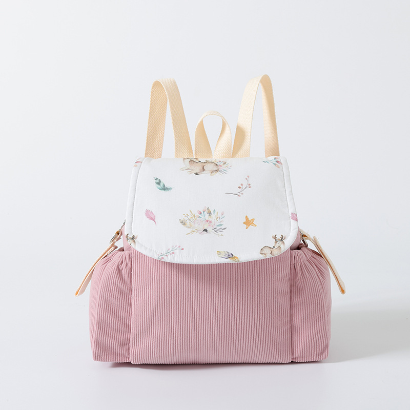 Pink-babys double-shoulder travel backpack-corduroy