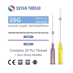 Venta al por mayor sutura médica absorbible 26G 25mm 38mm PDO tornillo de elevación rosca 26G 50mm 60mm con agujas afiladas PDO hilo de elevación