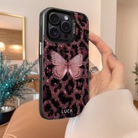 Coque de téléphone portable en TPU et PC avec impression papillon léopard porte-bonheur et argent électroplaqué pour iPhone 8, Xs, 11, 12, 13, 14, 15, 16 Pro, 17
