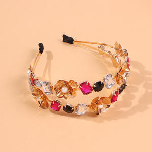 HOVANCI الأزياء خمر الباروك طوق شعر مرصع باللآلئ بلينغ متعدد الألوان زهرة الكريستال حجر الراين عقال لحفل الزفاف - Product Image 3