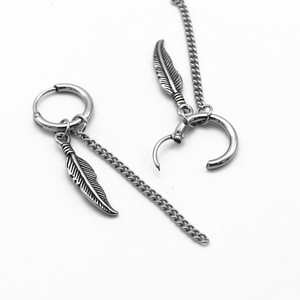 yunnique Tibetan <b>Silver</b> Feather <b>Drop</b> <b>Earrings</b> Titanium Steel Studs Round Hoop Long Chain Dangle <b>Earrings</b> For Couples Gift - Product Image 3