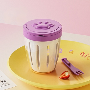 Gobelet à salade de fruits portable avec fourchette, couche de drainage, couvercle en plastique coloré motif patte mignonne pour le bureau, l'école, les pique-niques et les repas à emporter - Product Image 5
