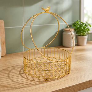 Panier de rangement multifonctionnel en fil métallique doré, écologique, avec poignée en forme d'oiseau, pour la décoration de la maison, le rangement et l'organisation de la cuisine - Product Image 1