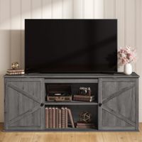 Meuble TV gris style farmhouse de 58 pouces avec portes coulissantes, 2 étagères réglables et 6 trous pour câbles, console multimédia pour téléviseurs jusqu'à 65 pouces