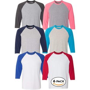 Custom 6 Pack Unisex <b>Raglan</b> Sleeve T-Shirt 3/4 Length Cotton Jersey Breathable Men's <b>Top</b> - Product Image 1