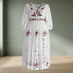 Robe d'été blanche en mousseline tissée métallisée brodée de fleurs, coupe ample, style formel, col en V, manches longues, longueur genou - Product Image 3