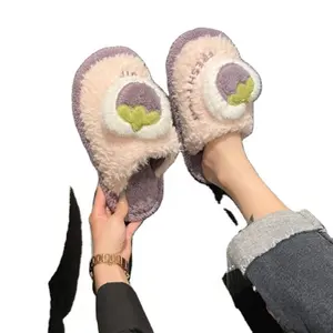 新款女式棉拖鞋冬季保暖室内羊毛棉鞋穿可爱水果装饰厚拖鞋