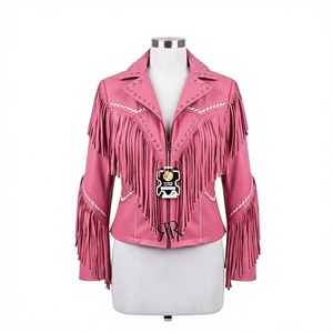 Pink Western Fringe Leather Jacket Studded Cowgirl Style Rodeo Outerwear Women's Moto Biker <b>Coat</b> with Zipper Closure - Product Image 3