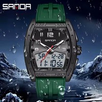 Jam Tangan Analog Digital Kuarsa Pria Casing Tonneau Hitam Oranye Angka Arab Tanggal Minggu Tali Silikon Olahraga