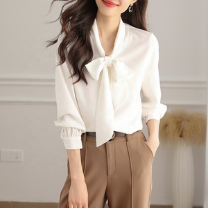 สตรีผ้าไหมโบว์ผูกคอเสื้อ<span class=keywords><strong>ญี่ปุ่น</strong></span>สีฟ้า Dressy <span class=keywords><strong>เสื้อ</strong></span>แขนโคมไฟสํานักงานเลดี้<span class=keywords><strong>เสื้อ</strong></span>อย่างเป็นทางการเสื้อ - Product Image 4
