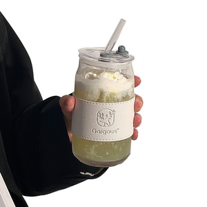 Nuovo <span class=keywords><strong>Bicchiere</strong></span> Personalizzato da 450ml per <span class=keywords><strong>Caffè</strong></span> Freddo, Tipo Mason Jar, Resistente al Calore, Riutilizzabile, con Cannuccia e Manicotto - Product Image 5