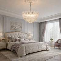 Lustre Moderne de Luxe Français à Fleurs en Cristal, Suspension Dorée Ornée en Verre, Lumière LED Dimmable 9 Ampoules, Garantie 2 Ans, Villa Majlis