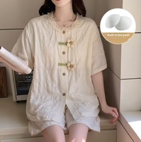 Piyama Musim Panas Wanita Mewah Korea, Motif Beruang Kecil Lucu, Lengan Pendek, Celana Pendek, Gaya Putri dengan Renda, Setelan Baju Rumah dengan Bantalan Dada