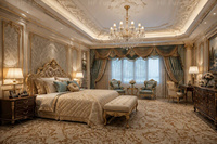 Système de mobilier de salon classique de style royal français, design intérieur blanc élégant, aménagement sur mesure pour manoir, projet clé en main