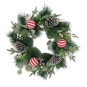 Рождественские подвесные цветные шарики, украшения для входной двери, подставка из ротанга с иглами, цветочный венок