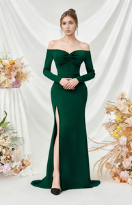 فستان وصيفة العروس للتنحيف على الكتف بأكمام طويلة مع فتحة عالية بلون واحد خصر طبيعي لحفلات الزفاف - Product Image 6