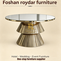 Table de banquet de luxe ronde pour mariage, base en acier inoxydable doré, plateau en verre blanc, idéale pour hôtels, événements et location de fêtes